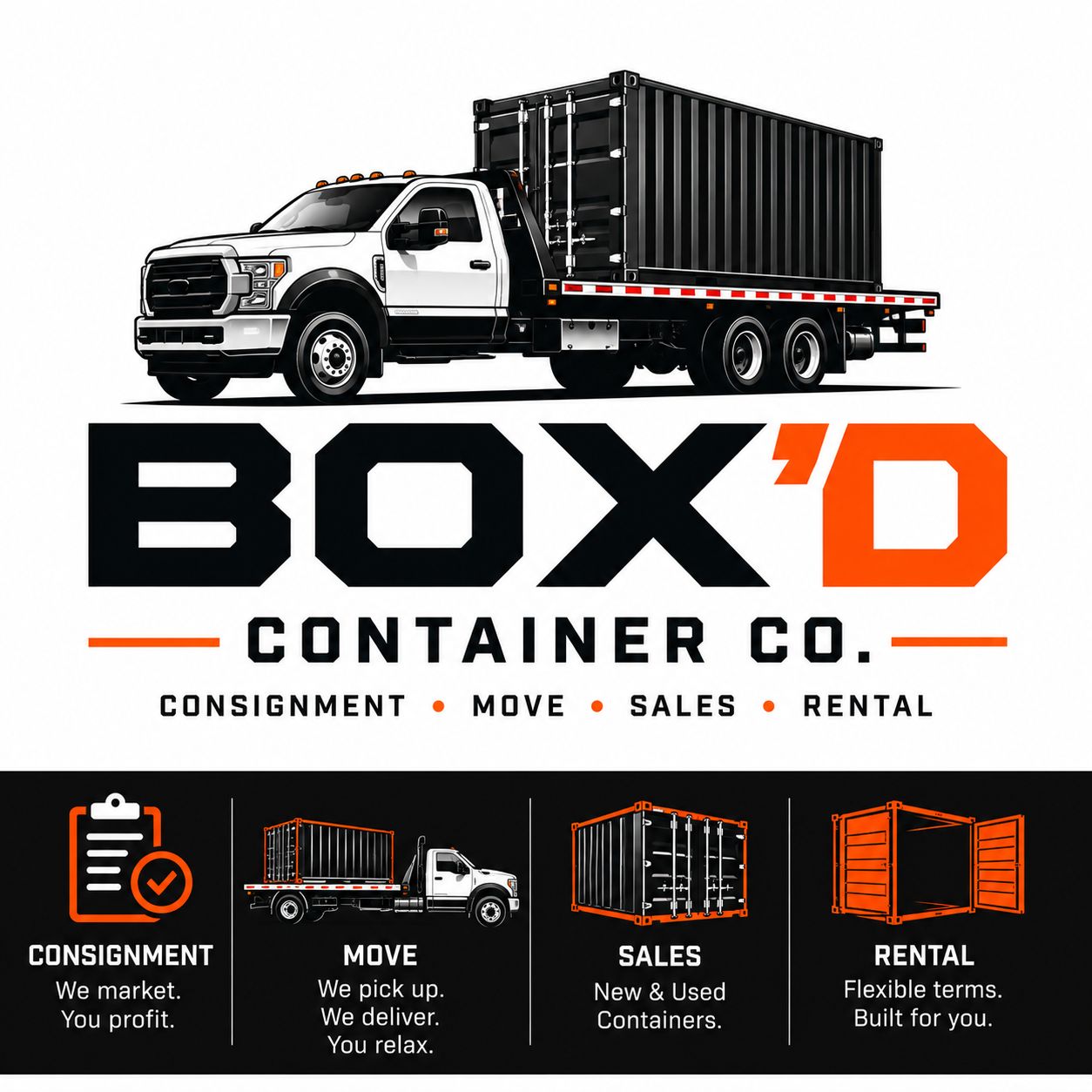 BOX'D Container Co. flatbed pickup carrying a shipping container