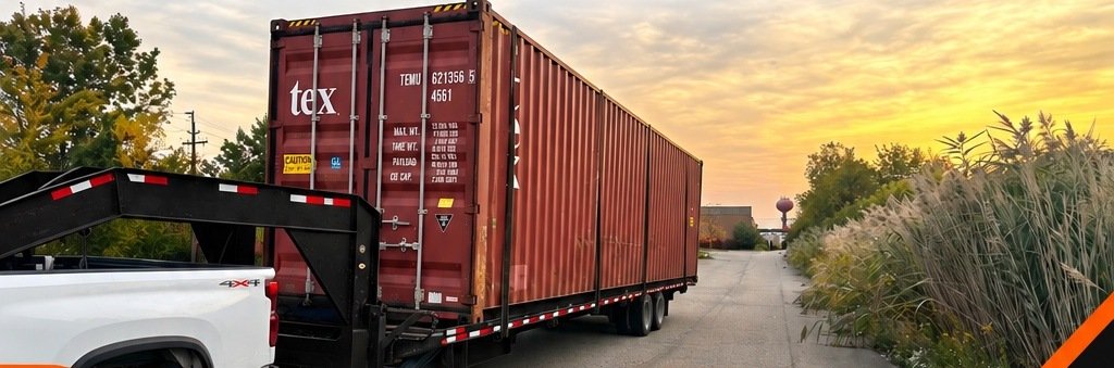 Real pickup truck and gooseneck trailer transporting a shipping container in Michigan