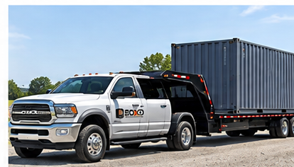 Illustration of a truck transporting a shipping container